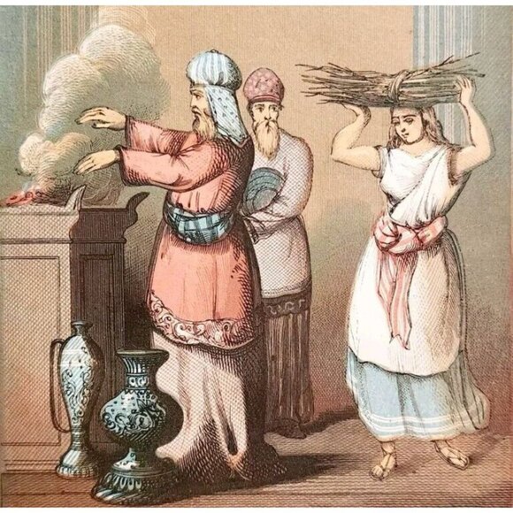 1853 Meat Offering Rare Colored Engraving Victorian Bible Art Antique DWNN23 - Picture 1 of 4